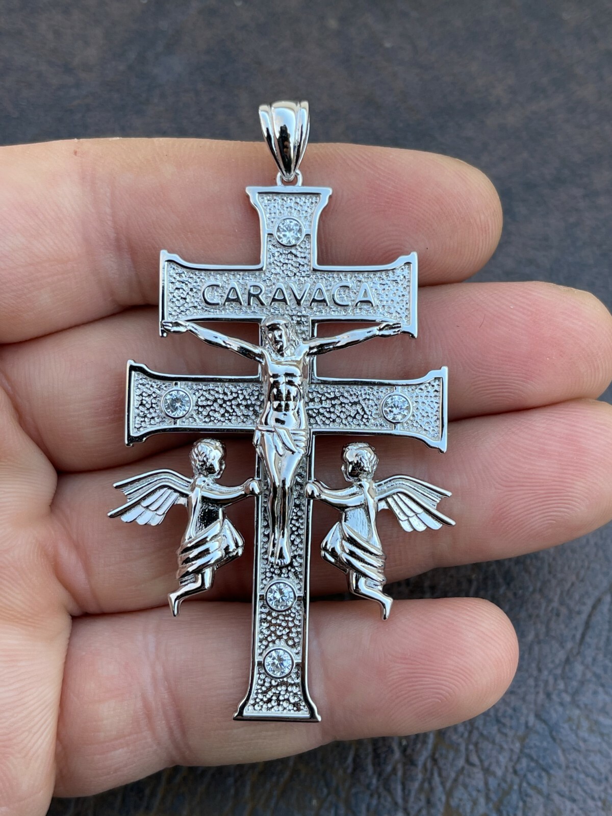 Real Solid Sterling 925 Silver Caravaca Cross Double Crucifix Mens LARGE 2.5″