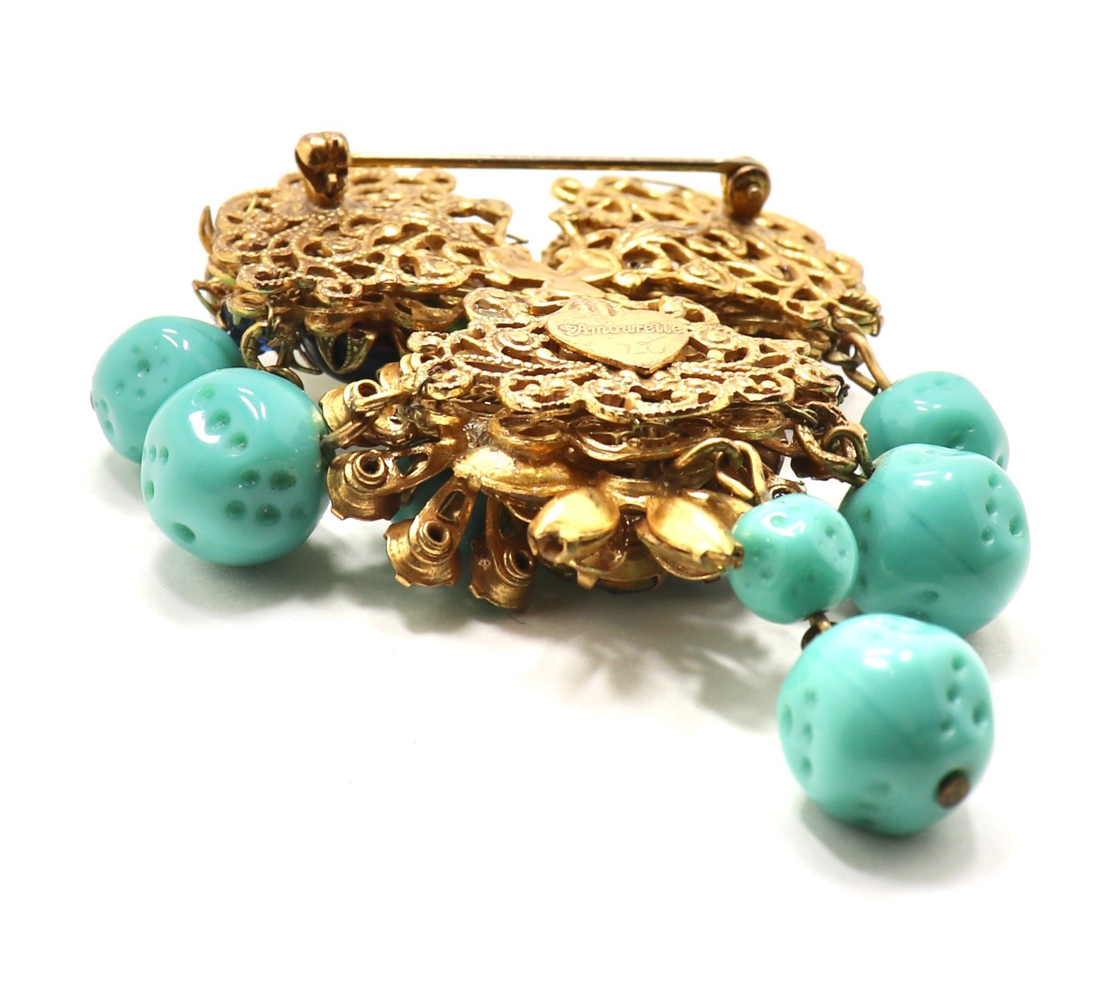VINTAGE AMOURELLE FRANK HESS FLORAL BEADED DANGLING BROOCH