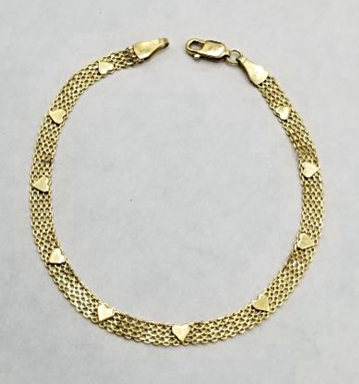 14K Yellow Gold Mesh Chain Bracelet Heart Lobster Clasp 7.5in