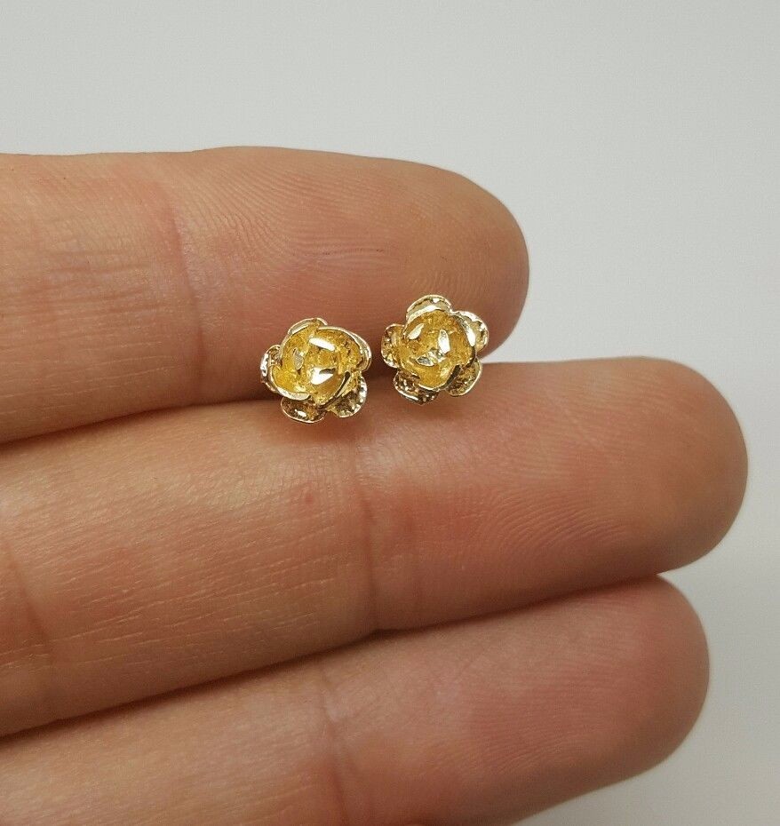14k Solid Yellow Gold Rose Flower Stud Earrings Push Back 7 MM