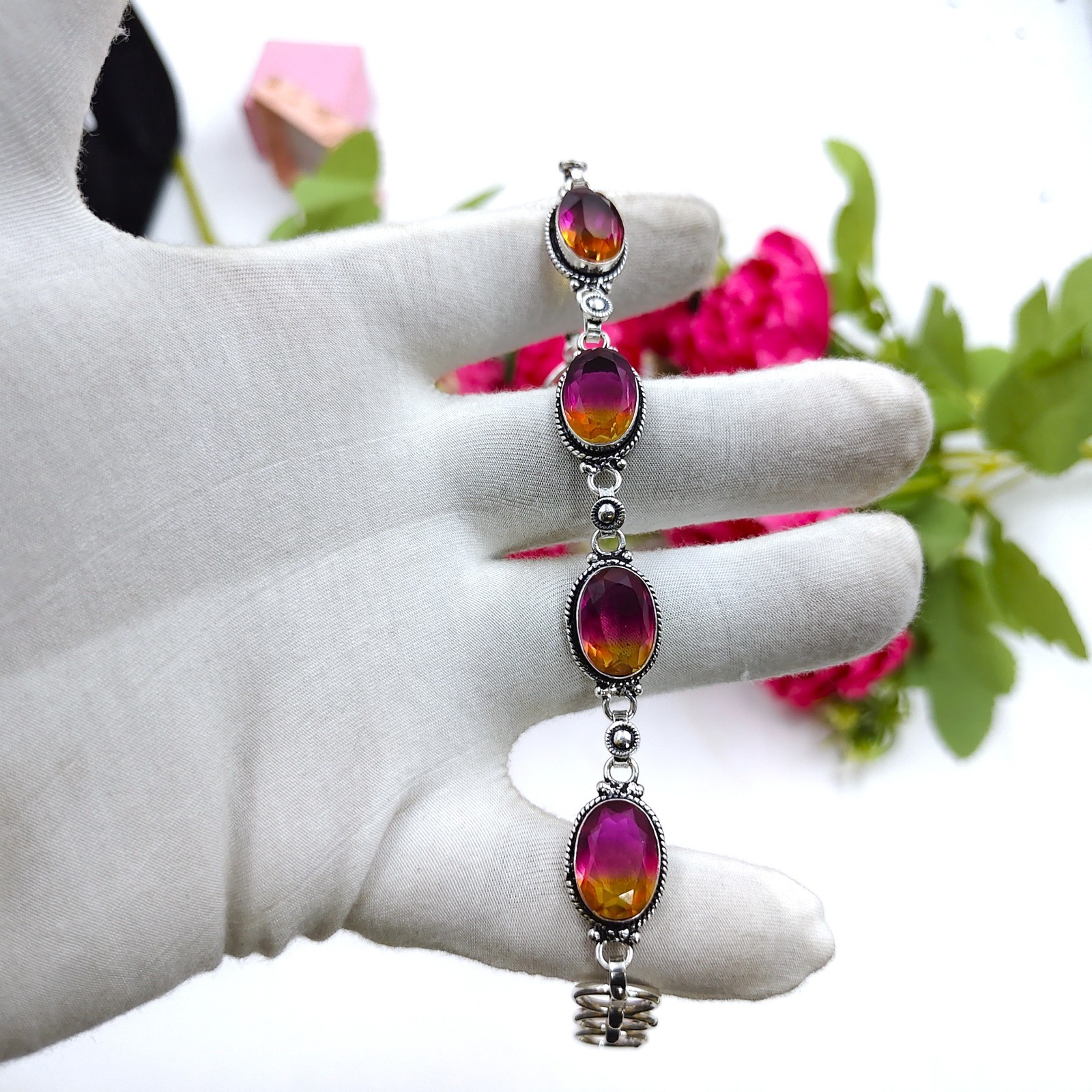 Multi Color Tourmaline Gemstone 925 Sterling Silver Jewelry Bracelet Size 7-8″