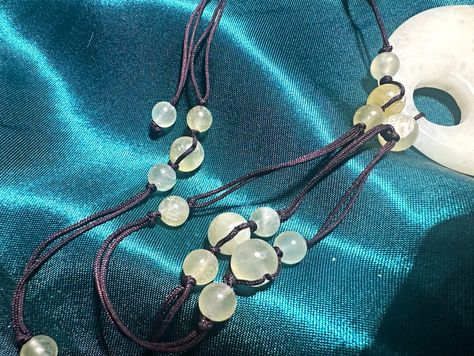 White Jade Oval Amulet Pendant Necklace, Beaded Cord Chain, White Stone