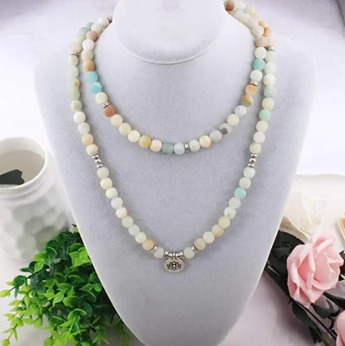 Natural Amazonite 108 Mala Bead Prayer Healing Amulet Unisex Women Necklace Gift