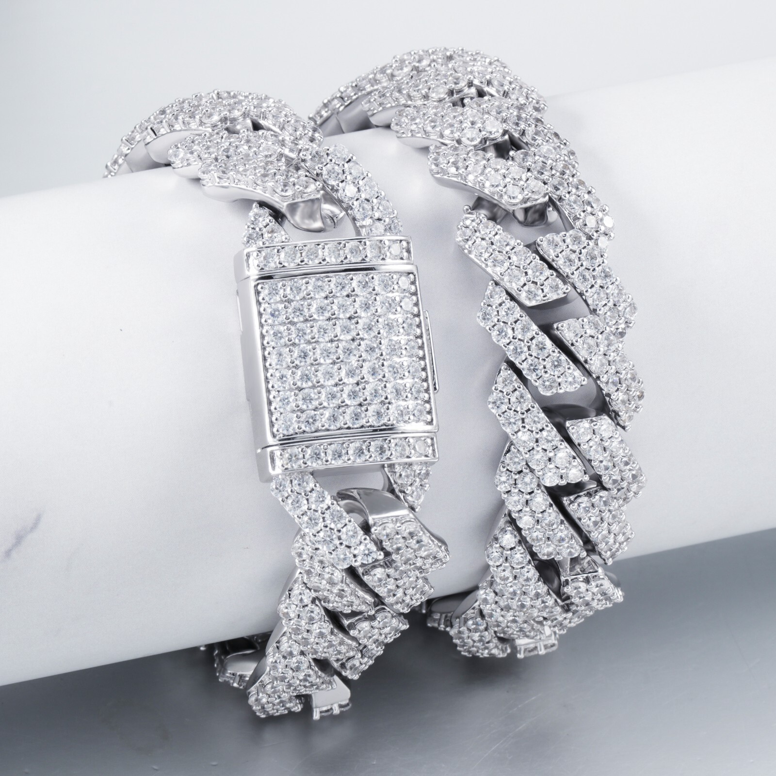 12mm Full Iced CZ Out Cuban Link Bracelet Chain 14K/White Gold Stainless Steel
