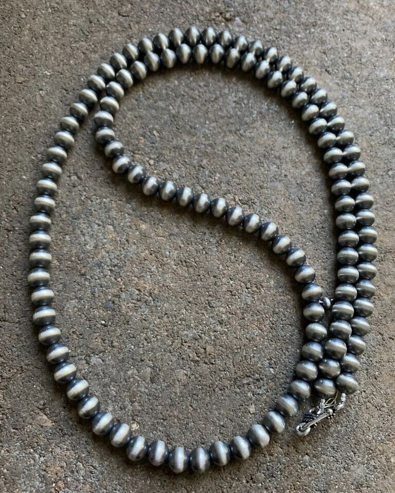 7mm 30 Inch 925 Sterling Silver Oxidized Pearls Bead Necklace Southwestern