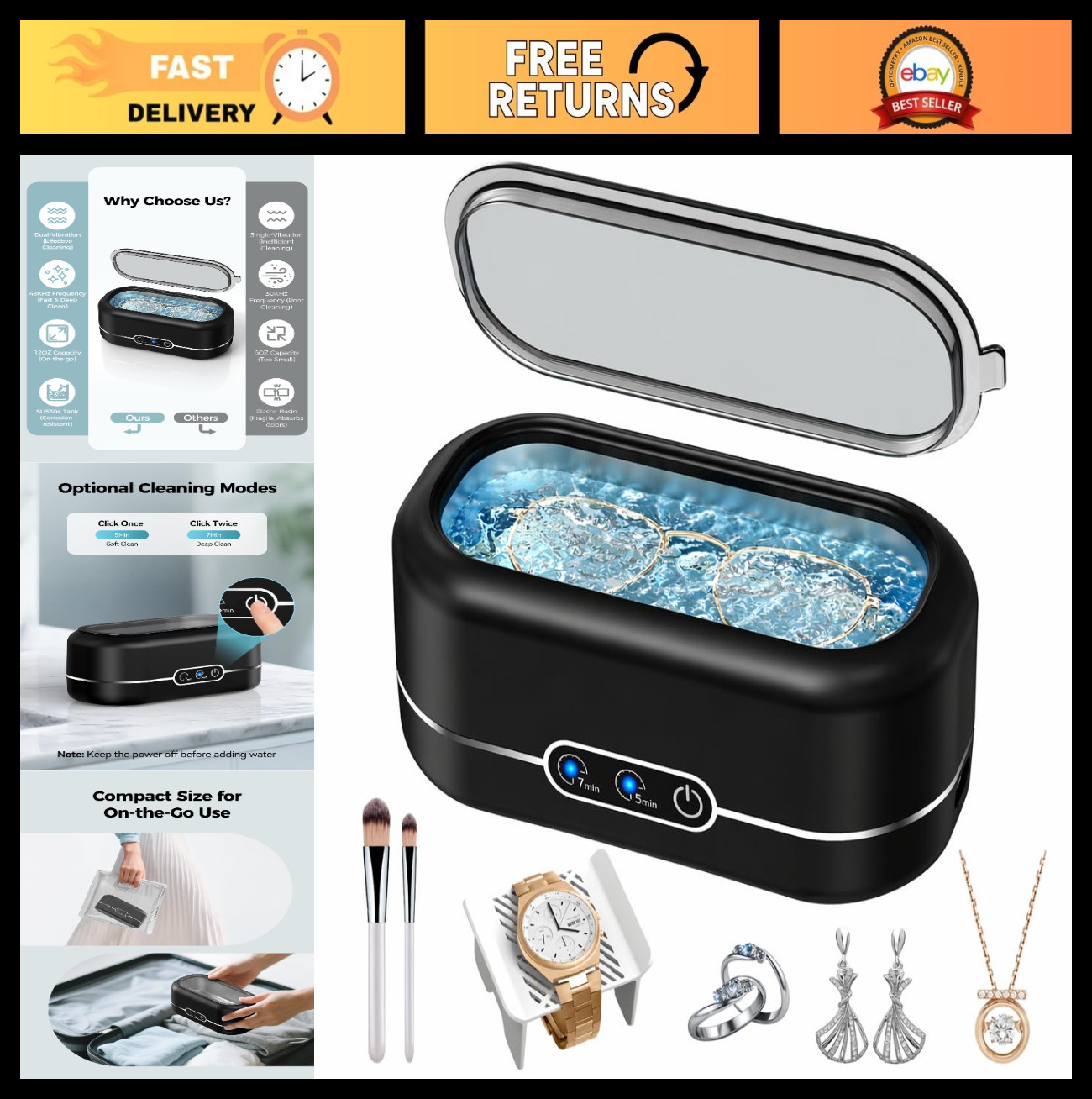 Ultrasonic Jewelry Cleaner 48KHz – Deep Clean for Rings, Glasses, Dentures & Mor