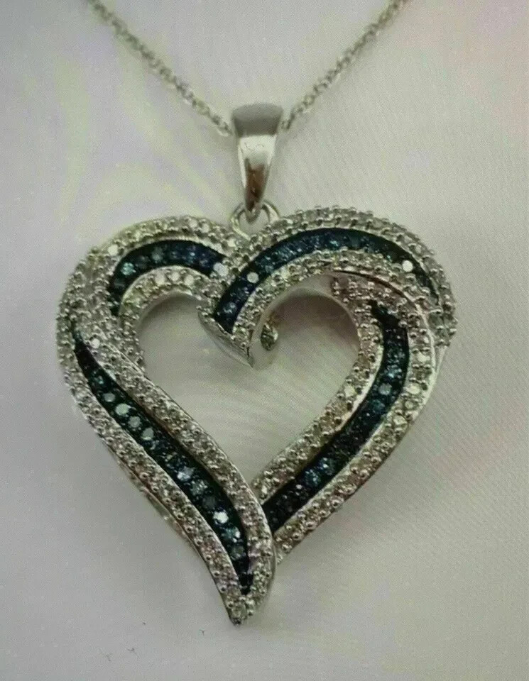 1Ct Round Cut Blue Sapphire & Diamond Heart Pendant Necklace 14k White Gold Over