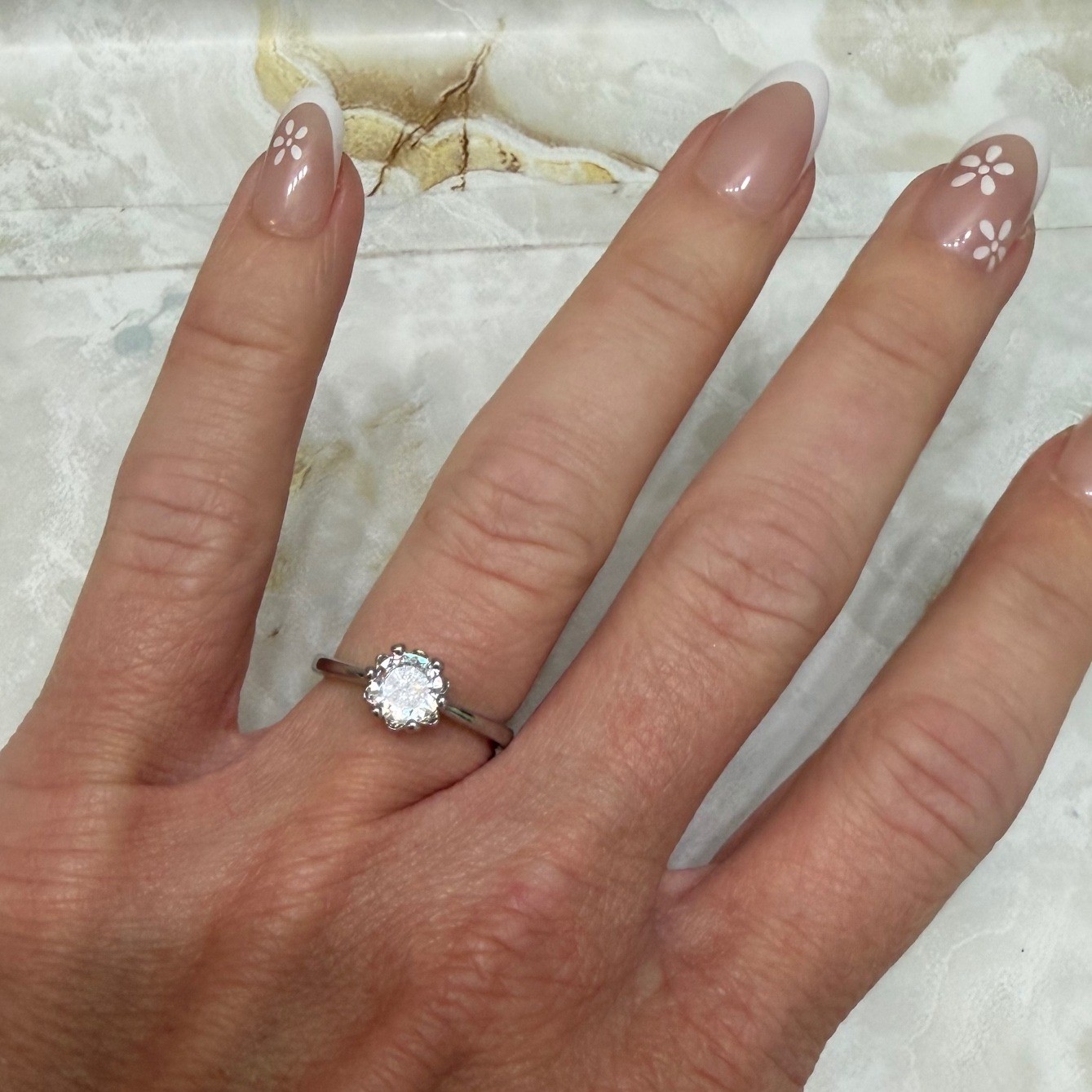 Silver Tone Round Cut Solitaire Ring Size 5.5 Six Prong Classic Minimalist Clear
