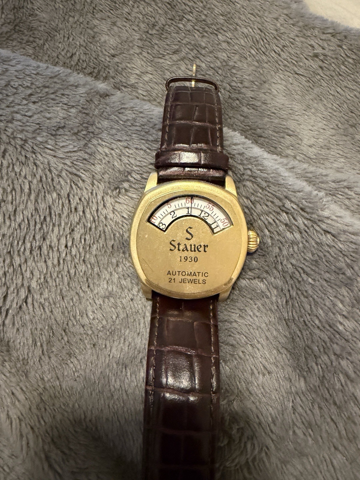Stauer 1930 Automatic 21 Jewel 38mm Cushion Gold Case Brown Leather Strap