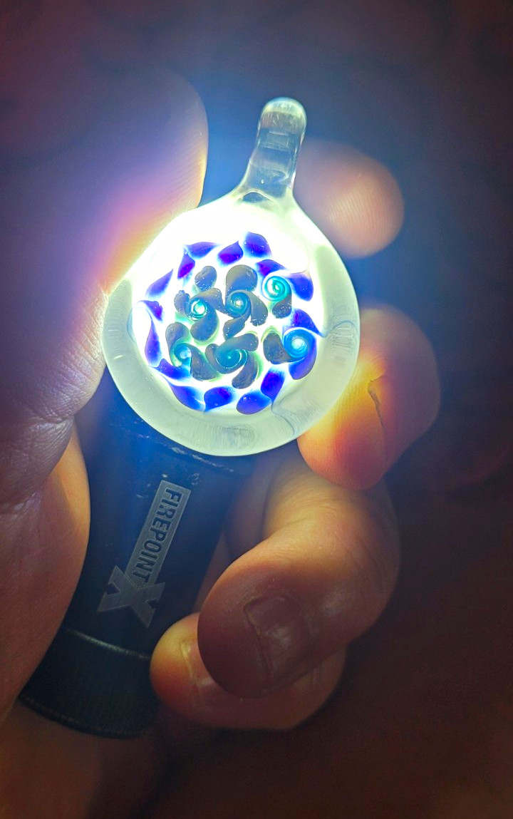 Handmade Clear Multicolor Glass Round Pendant, Lampwork Blue Yellow Swirl Design