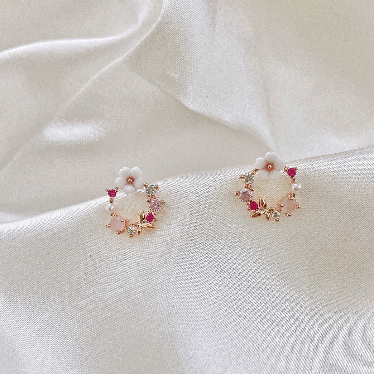 Natural Pearl Crystal Flower Post Earrings Rose Gold Butterfly Stud Earrings