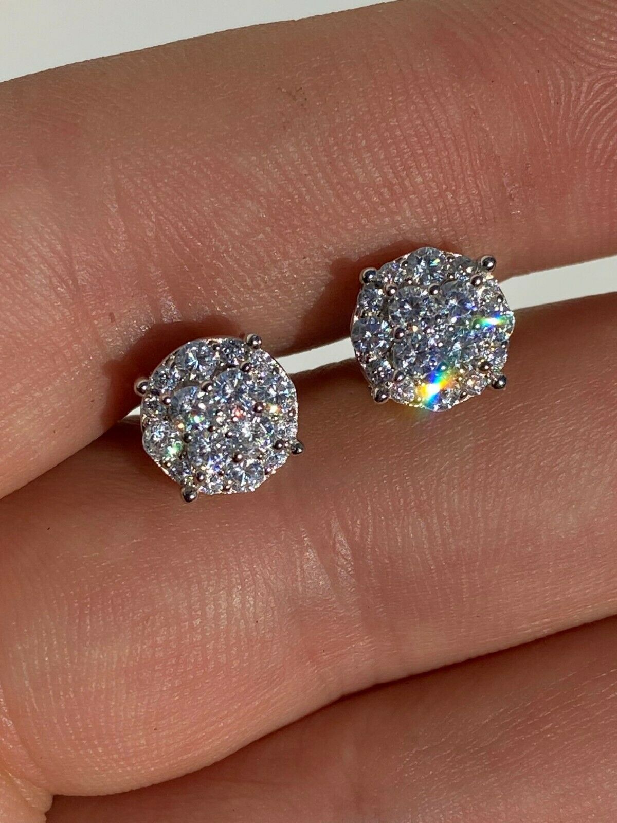 Real Solid 925 Silver Iced Simulated Diamonds Earrings 1/3″ Cluster Round Studs