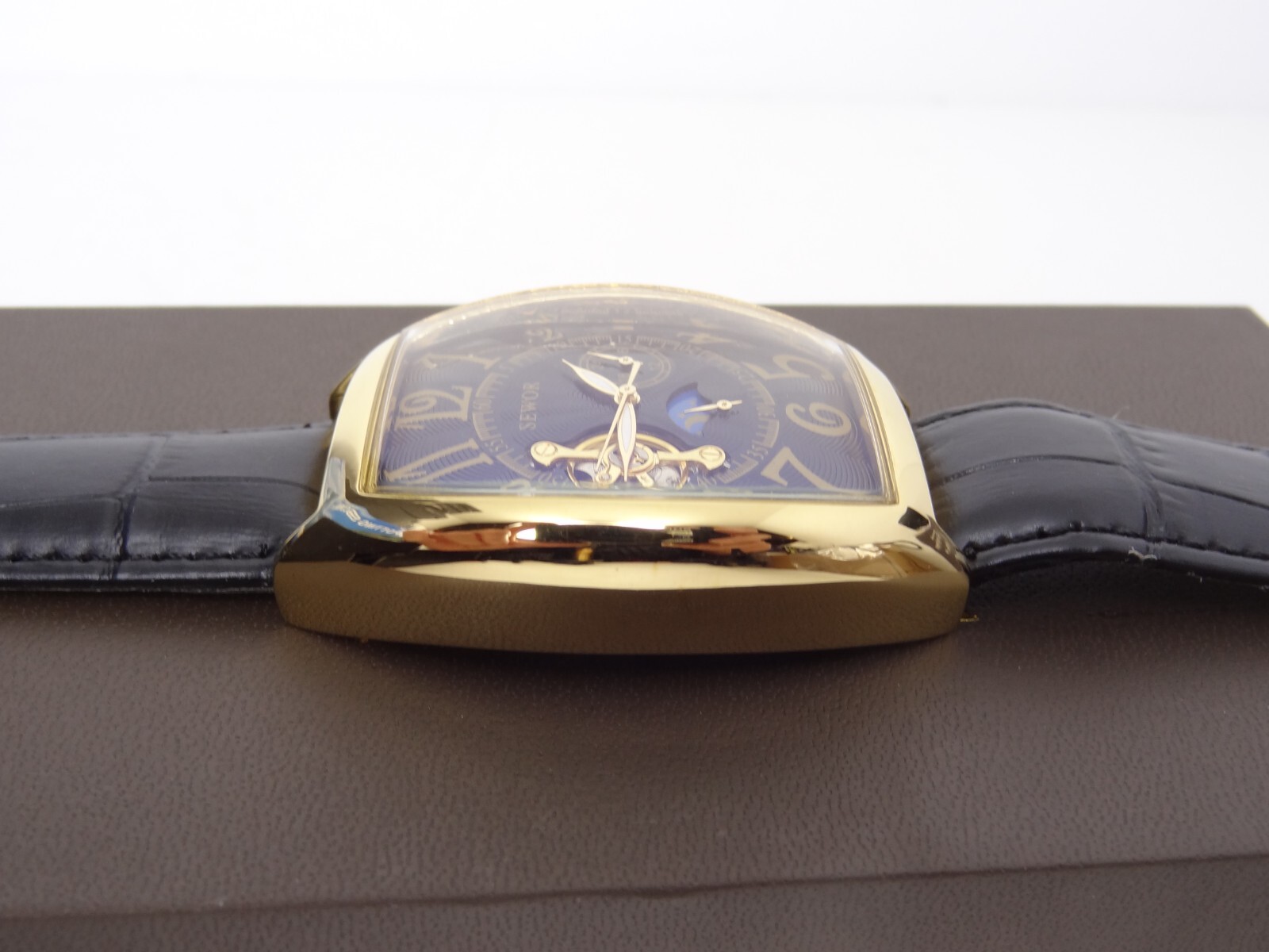 SEWOR Skeleton Watch Mechanical Automatic Self-Wind Leather Bracelet Moon Phase