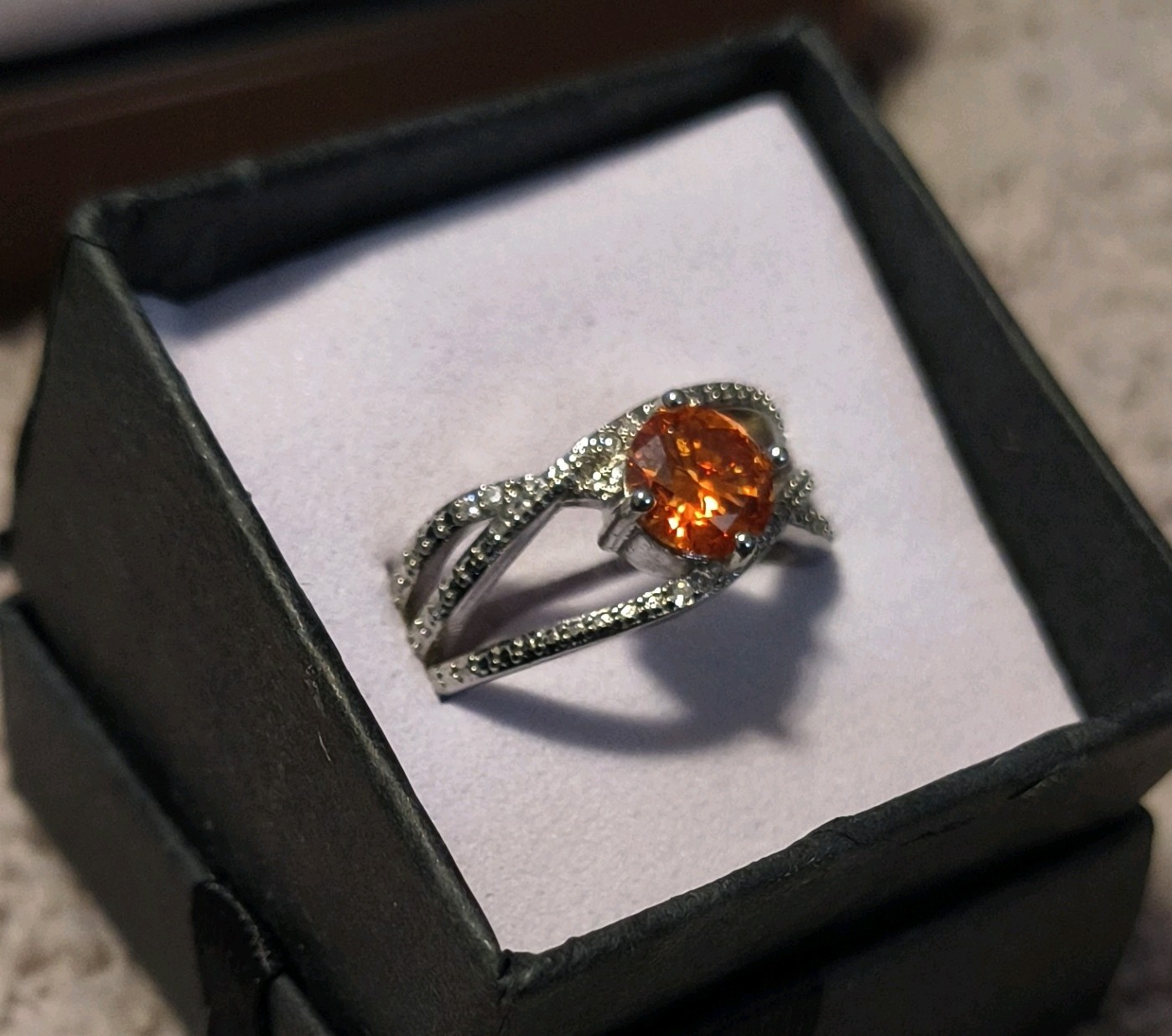 Silver Band Ring Round Orange Moissanite Prong Setting Adjustable