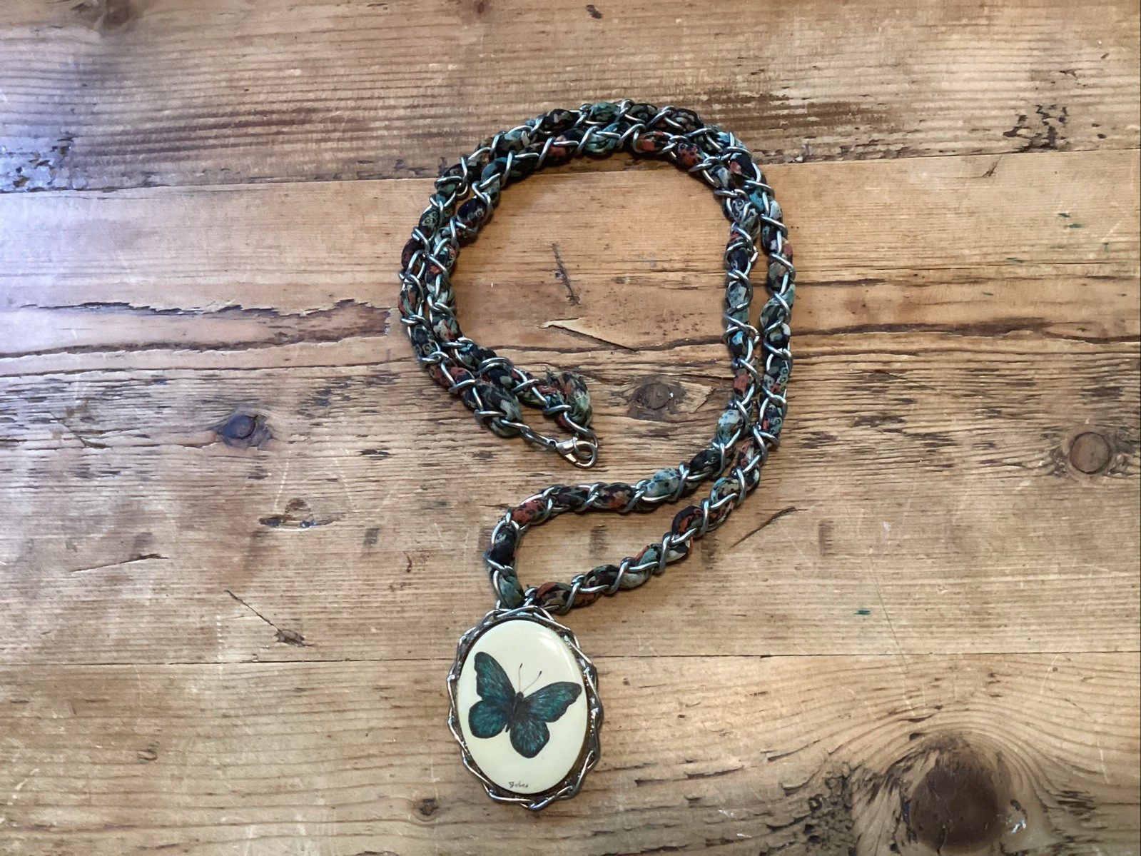 Butterfly Scrimshaw Hand Engraved Necklace Pendant & Fiber Woven Chain