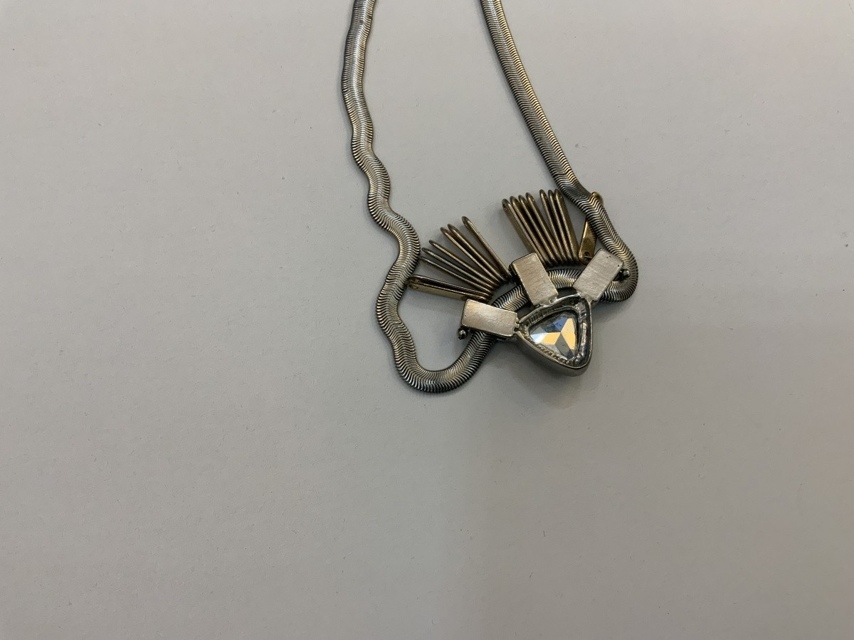 Vintage Geometric Statement Necklace Two-Tone Silver and Gold Metal with Triangl