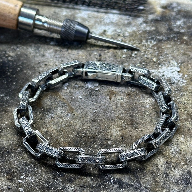 Mens 925 Sterling Silver Oxidized Curb Chain Bracelet Hand Engraved Jewelry