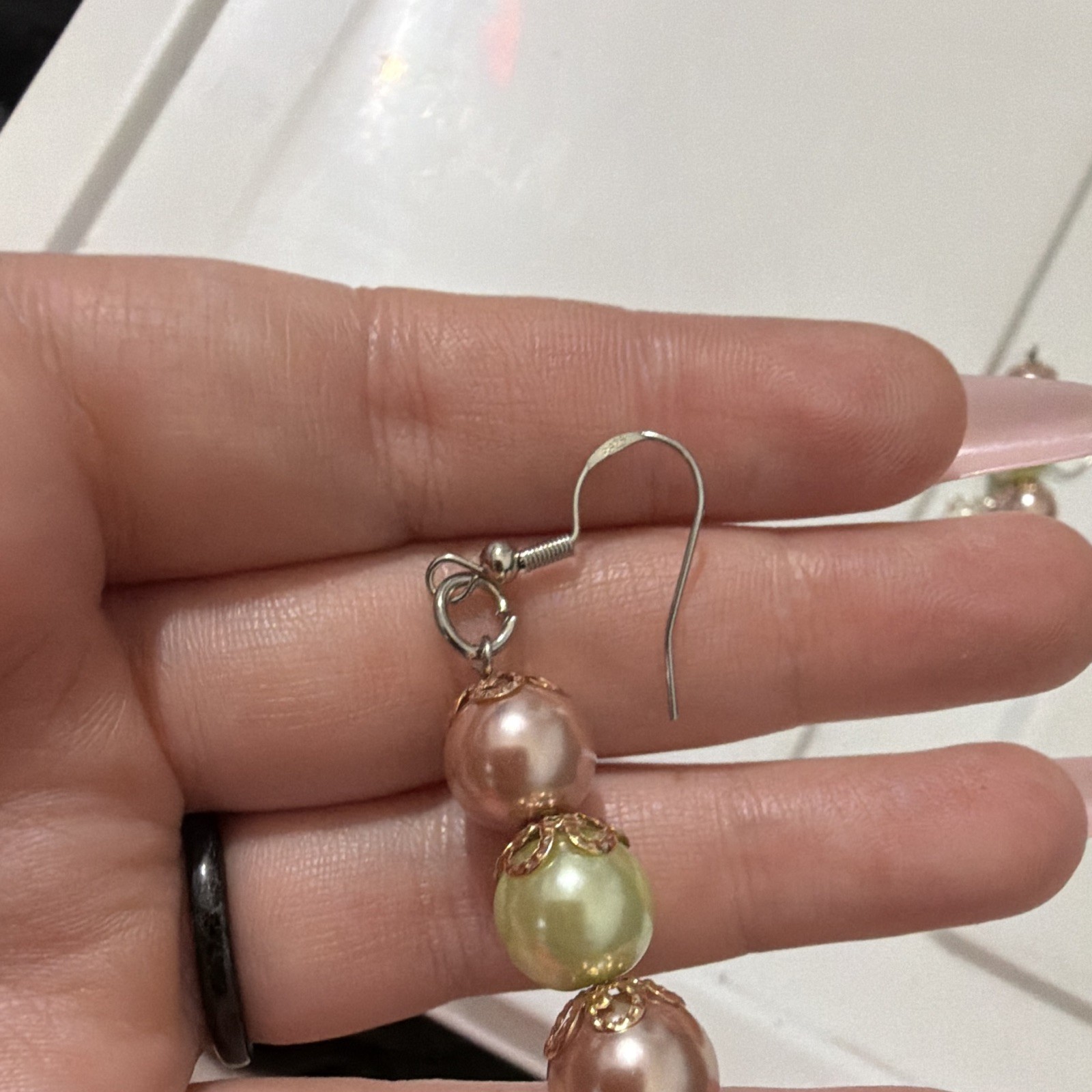 Silver Tone Dangle/Drop Hook Earrings Pink & Green Simulated Pearl Beads
