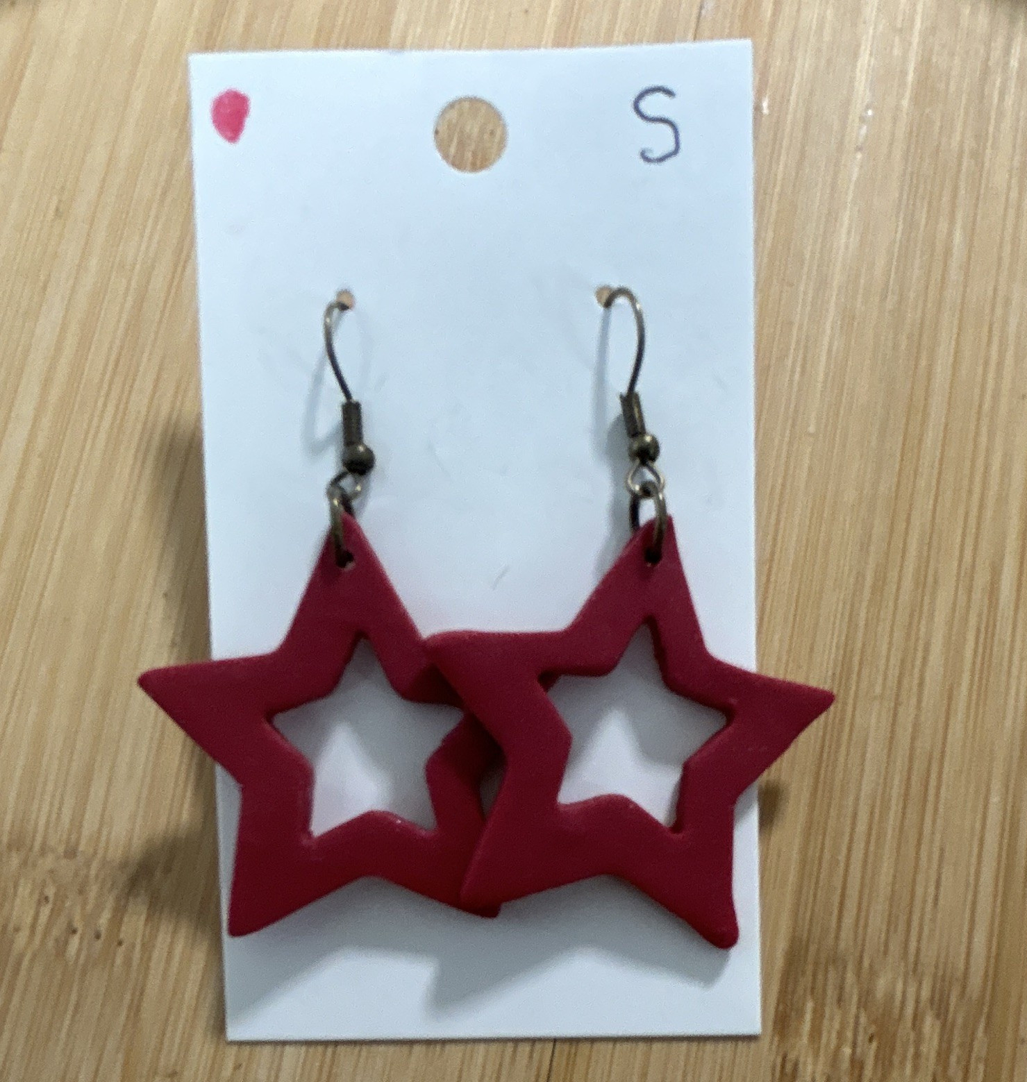 Red Star Dangle/Drop Hook Earrings, Polymer Clay, For Lobe