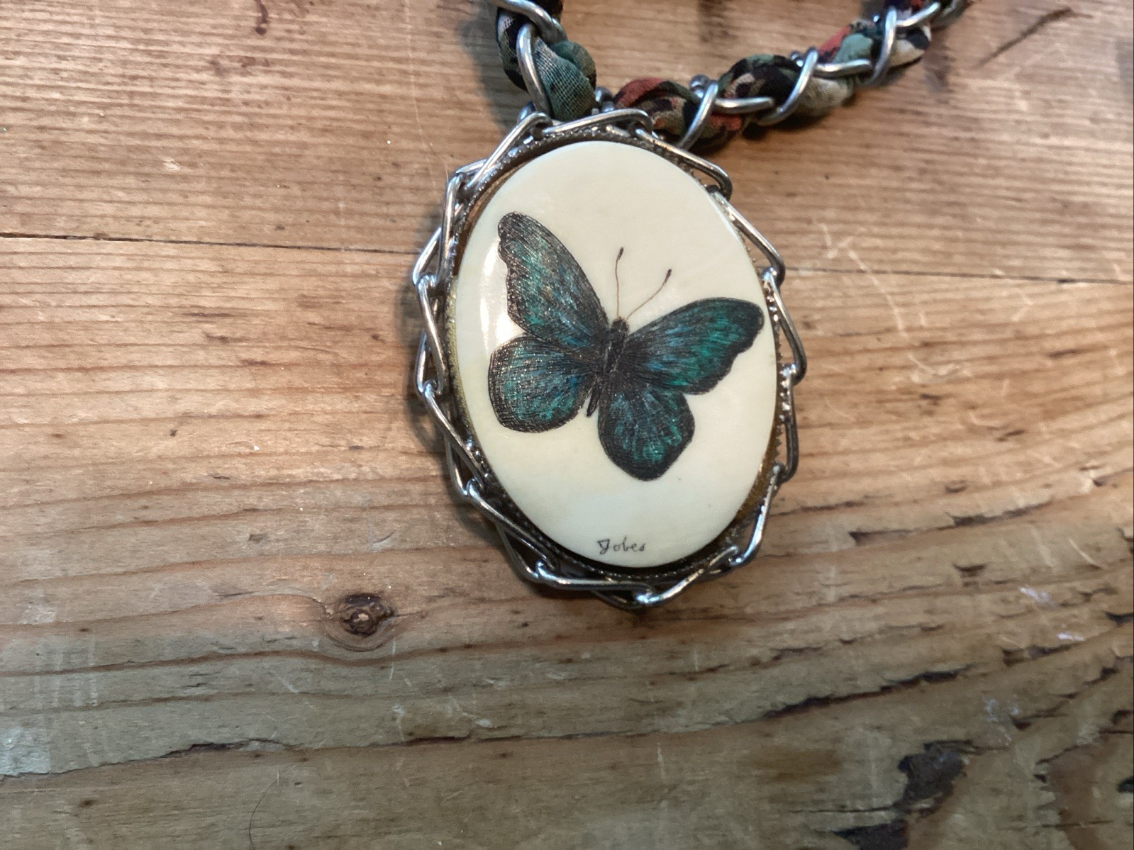 Butterfly Scrimshaw Hand Engraved Necklace Pendant & Fiber Woven Chain