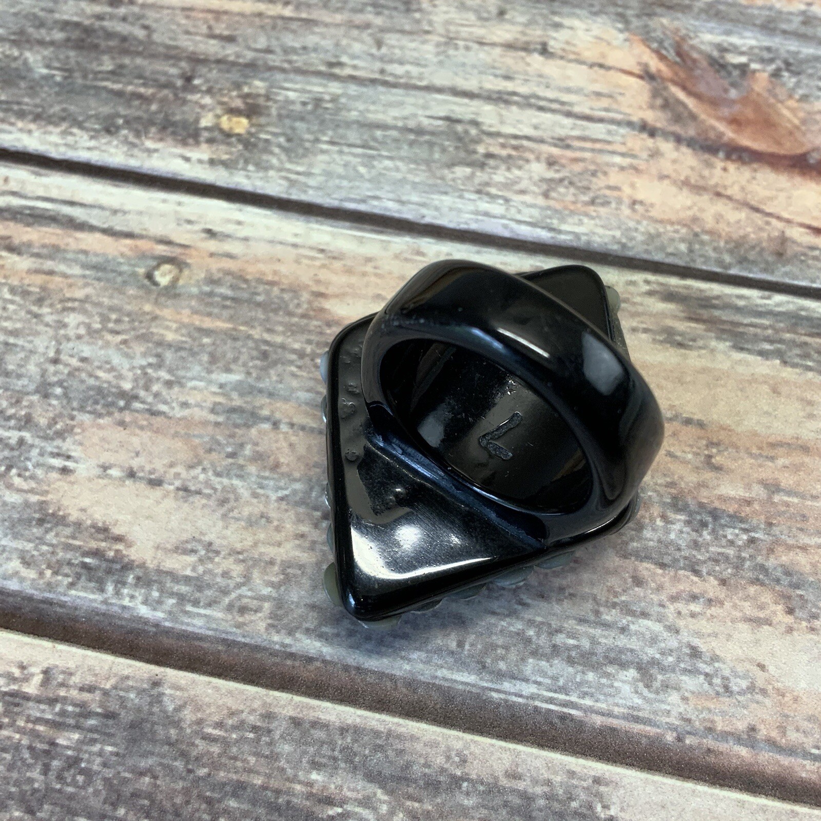 Large silver and black studded bling plastic ring size 7