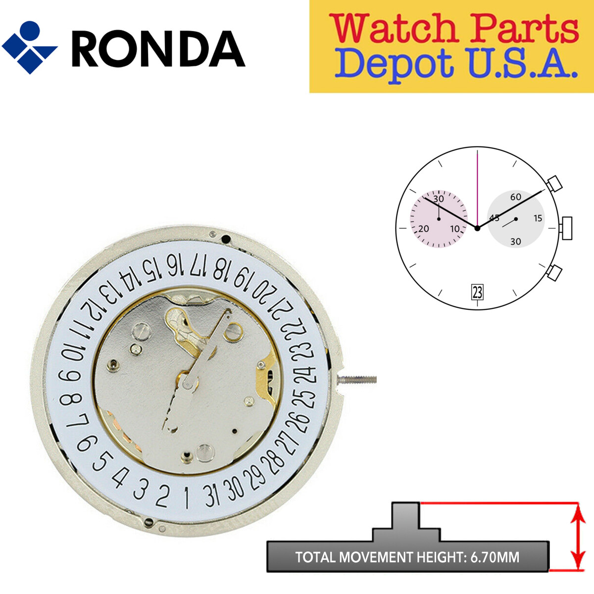 Ronda 5021.D Quartz Chronograph Movement, 3 Hand, Date at 6 (Multiple Variation)