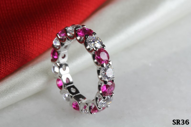 Hot Pink CZ And White Round Silver 925 Eternity Ring Anniversary Band