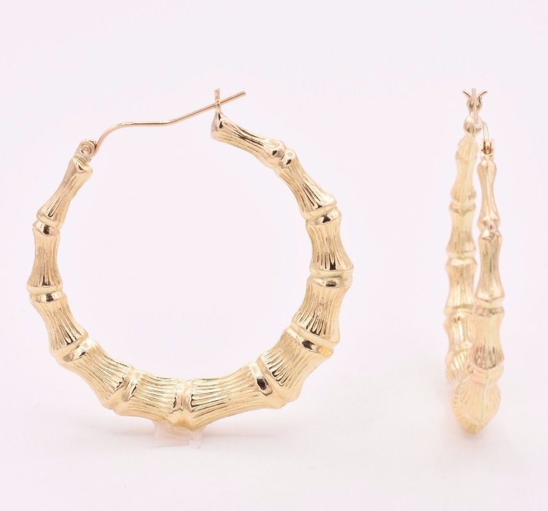 1 3/4″ Graduated Large Diamond Cut Bamboo Hoop Earrings Real 10K Yellow Gold