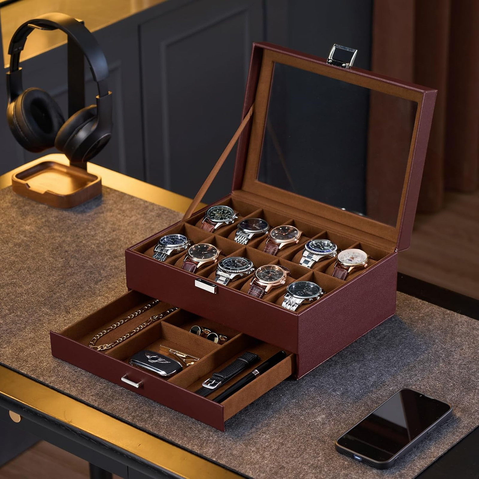 Watch Box with Glass Lid, Espresso, 10 Slots, 2-Layer Jewelry Organizer, Men’s
