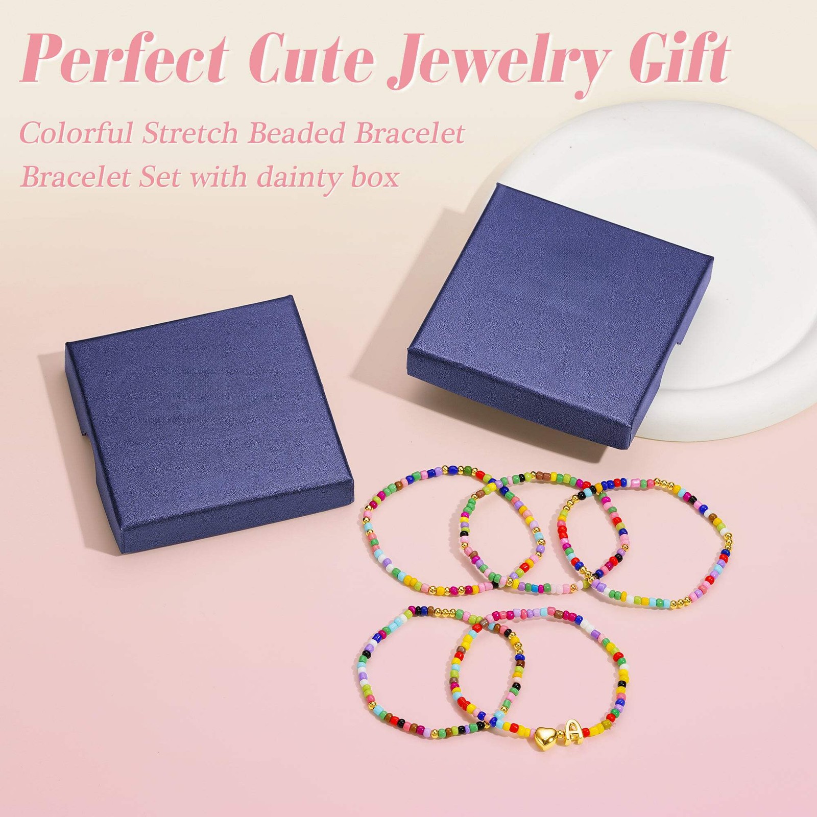 Turandoss 5PCS Gold Beaded Heart Initial Bracelets for Women Girls Gifts, 6.5In