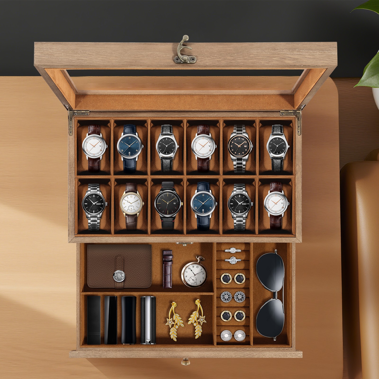 12 Slots Watch Box Solid Wood Storage Display Case Wrist Watch Case