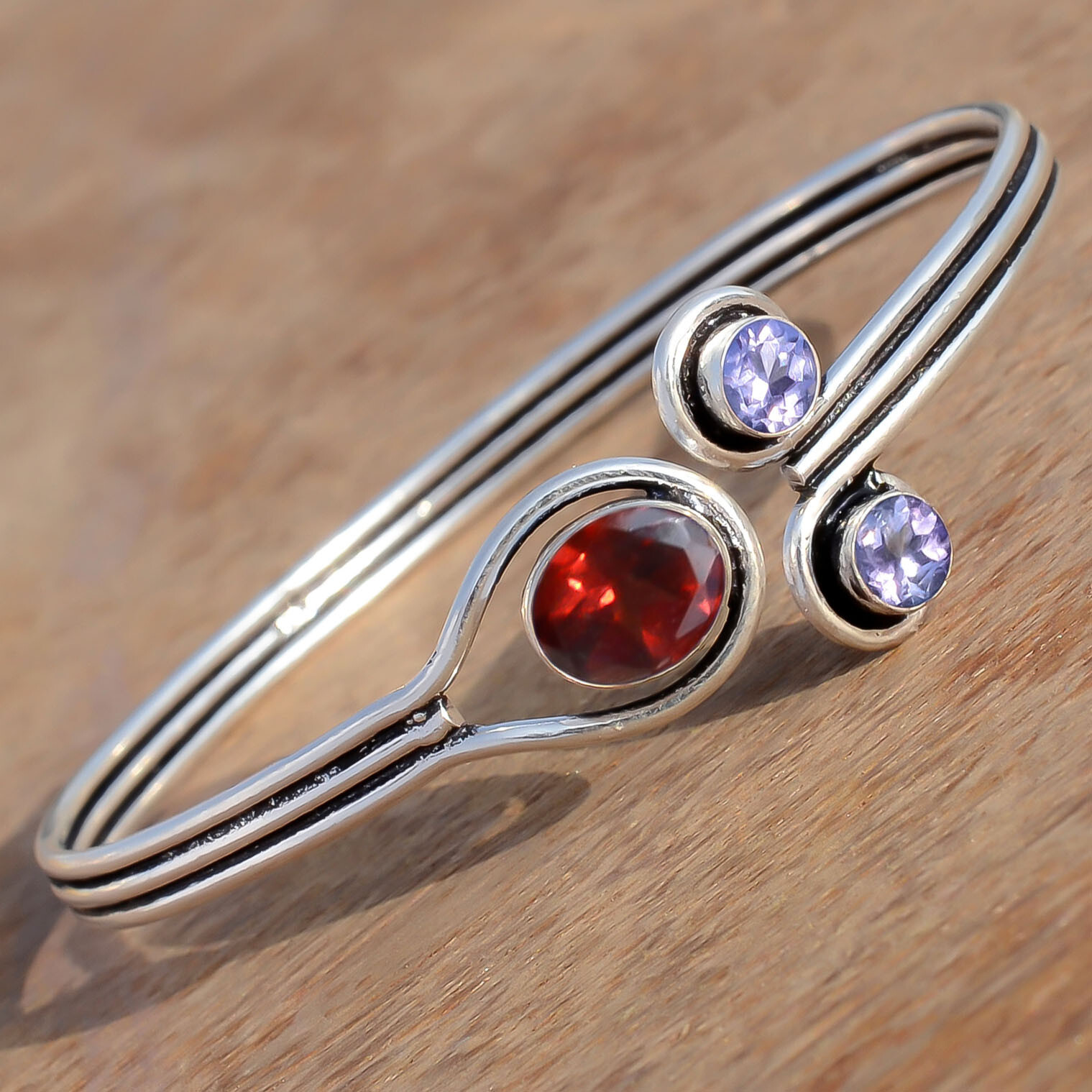 Faceted Garnet & Amethyst Cut Gemstone 925 Sterling Silver Cute Gift Girl Bangle