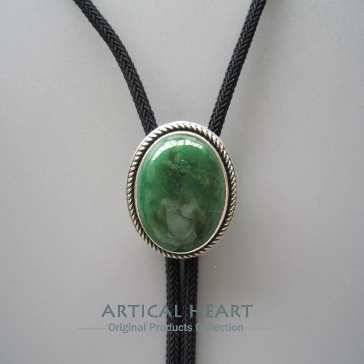 Silver Plated Handcraft Nature Green Stone Western Cowboy Rodeo Bolo Tie