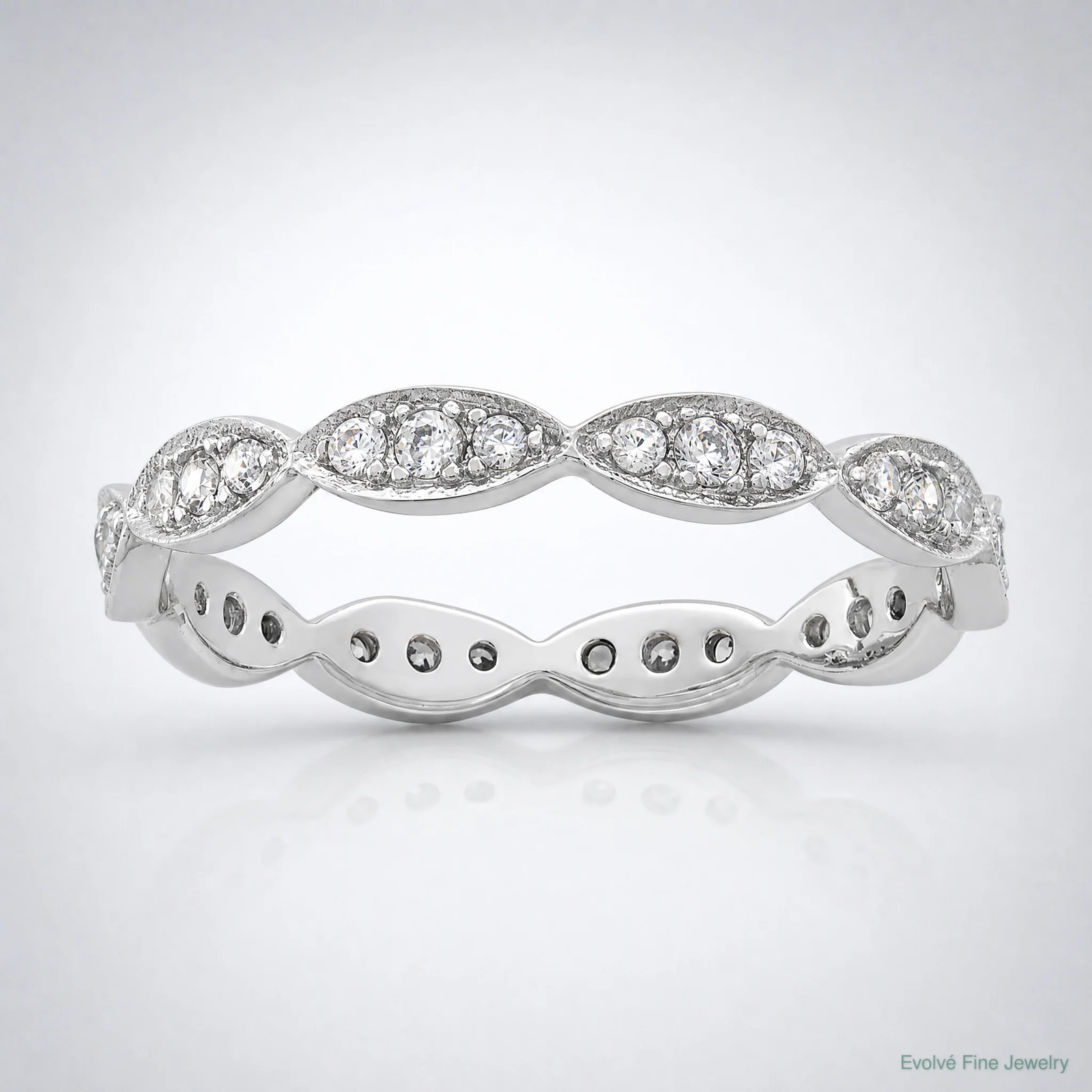 Sterling Silver Rhodium-Plated Fancy Scalloped CZ Band