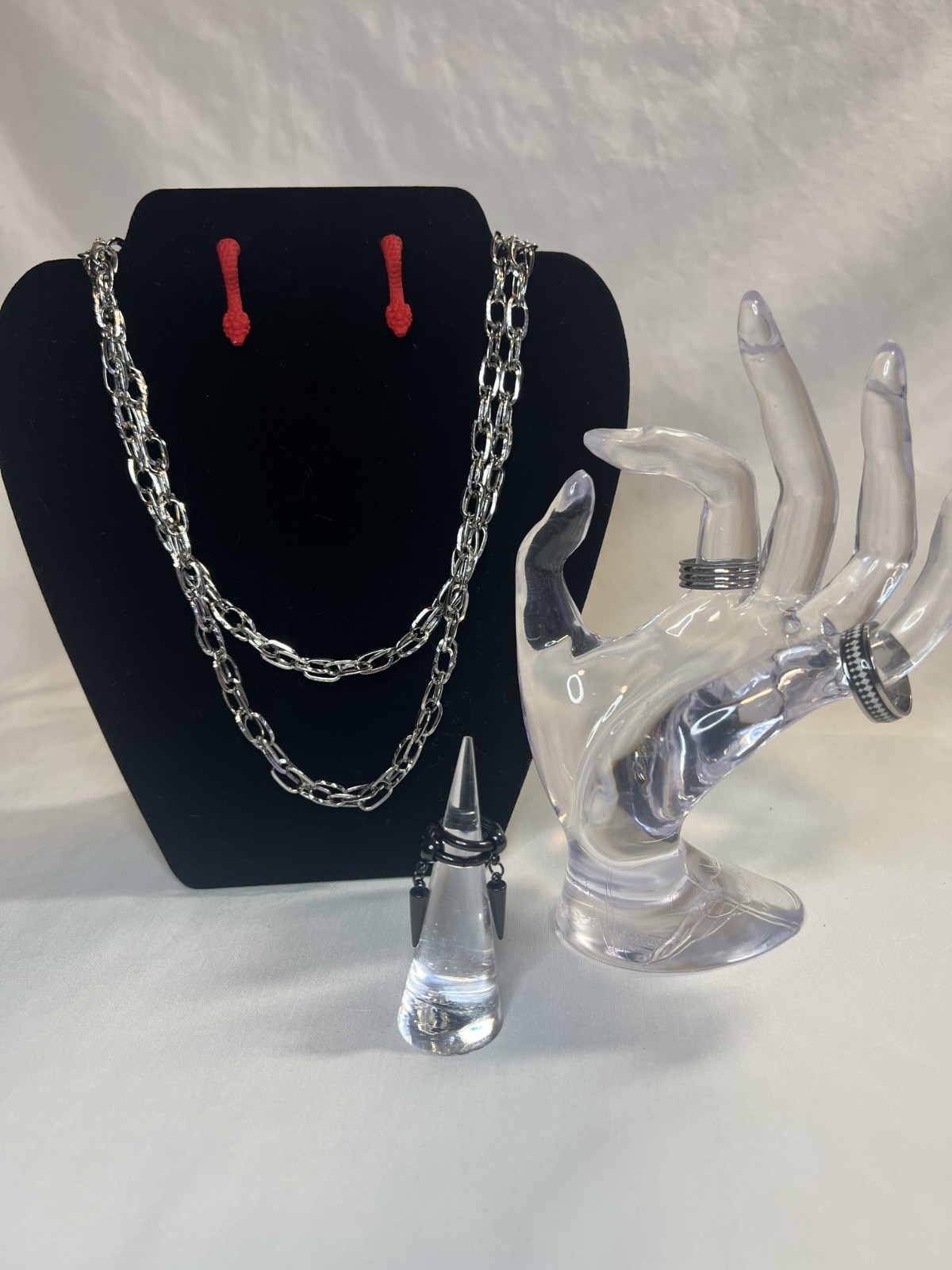 5Pc Gothic Alt Jewelry DESIGNER Red Snake Earring Set Black Spike Hoops Rings