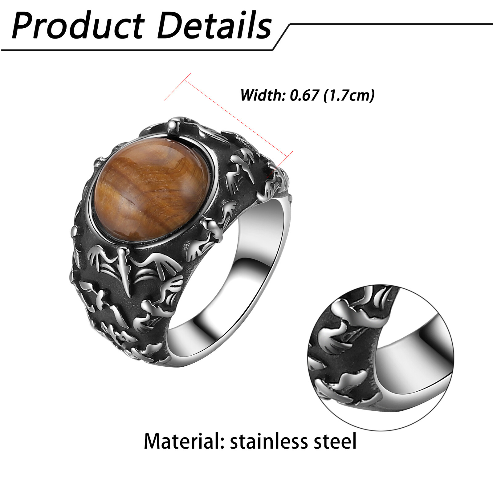 Men’s Gothic Vintage Tiger Eye Bat Casted Stainless Steel Ring Band Size 7-13