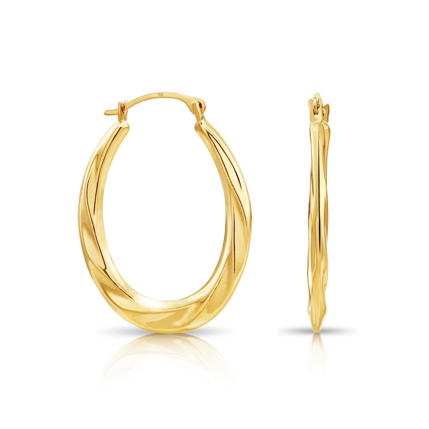 10K Real Solid Yellow Gold Twisted Oval Creole Hoops Earrings Medium Size 22MM