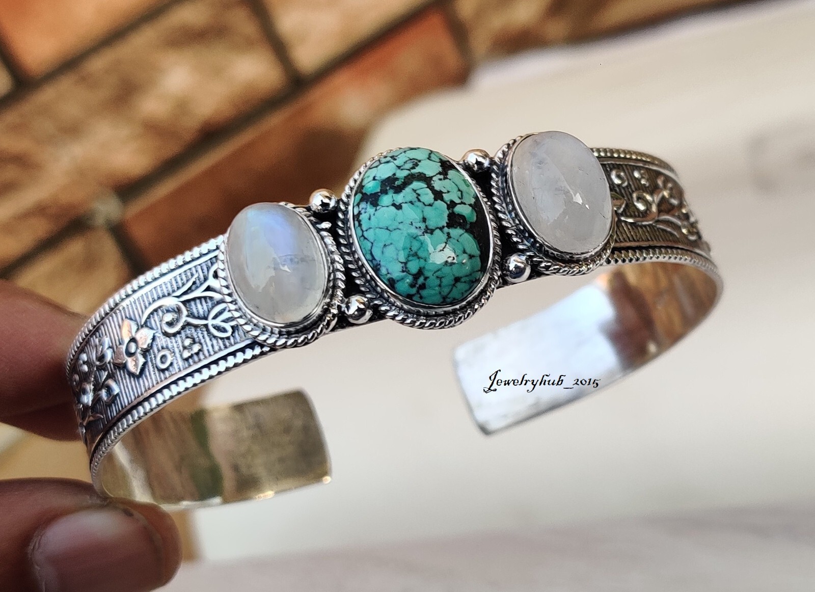 Tibetan Turquoise Gemstone Bangle 925 Sterling Silver Handmade Jewelry MO5245