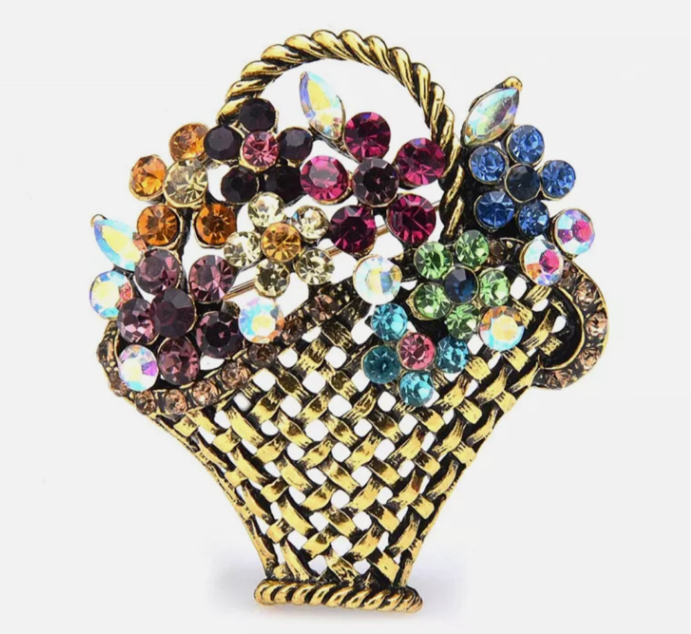 Crystal Rhinestone Flower Basket Brooch Gold Pin Jewelry Mother’s Day Gift Her