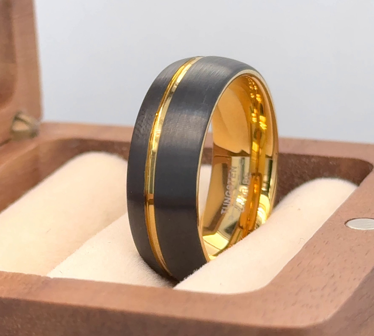 Black And Gold Tungsten Wedding Ring Grooved Brushed Finish Band Gift for Him
