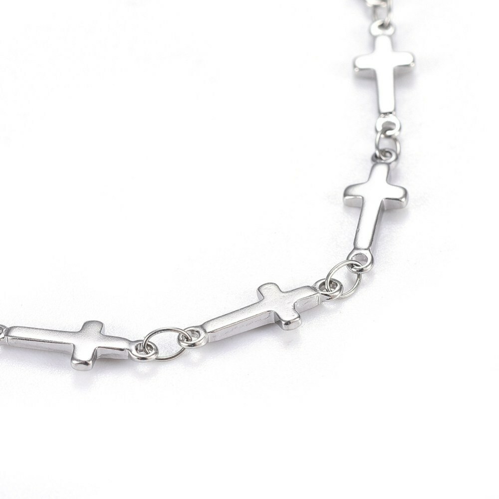 304 Stainless Steel Cross Link Anklet Lobster Flat Cross Silver Color 8.8″ A48