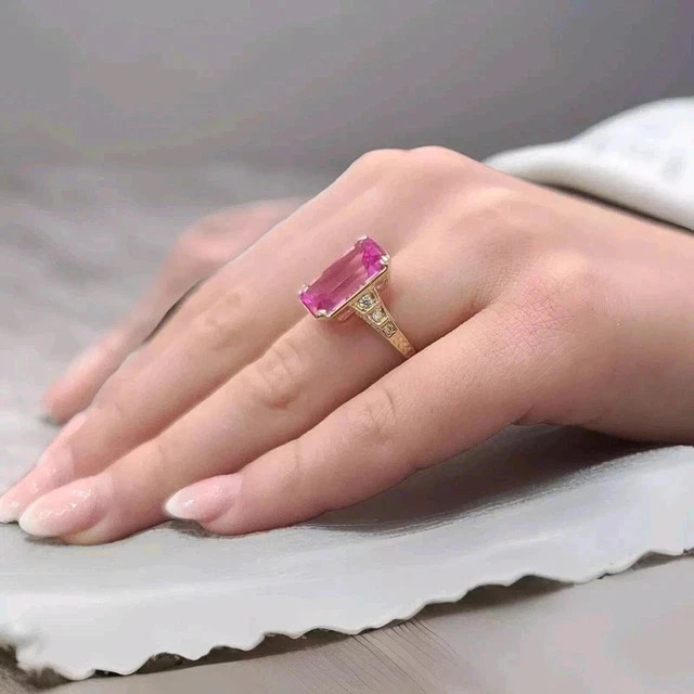 3.50Ct Emerald Cut Lab Created Pink Sapphire Wedding Ring 14K Yellow Gold Plated