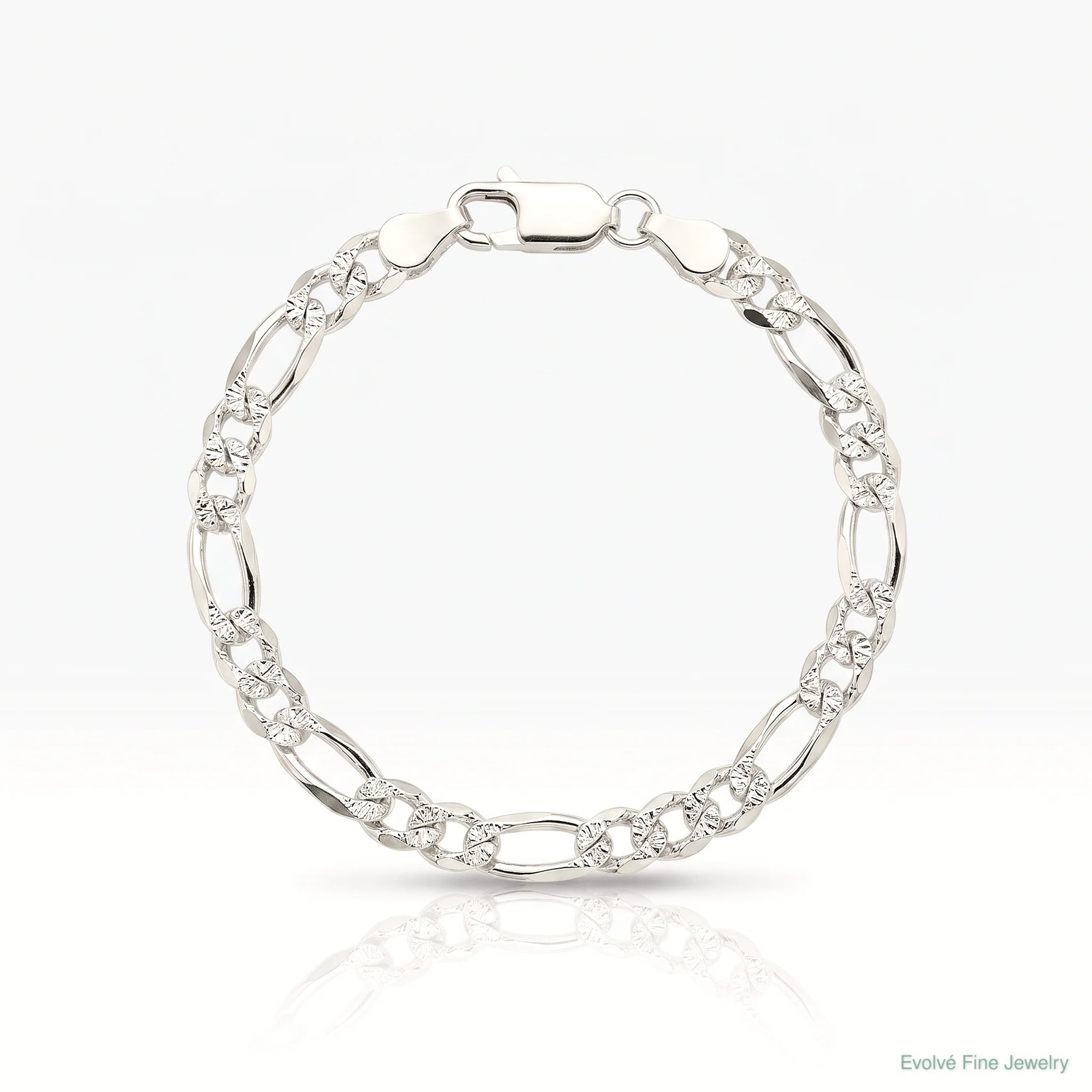Sterling Silver 4.3mm Pavé Flat Figaro Chain Bracelet 7″-9″