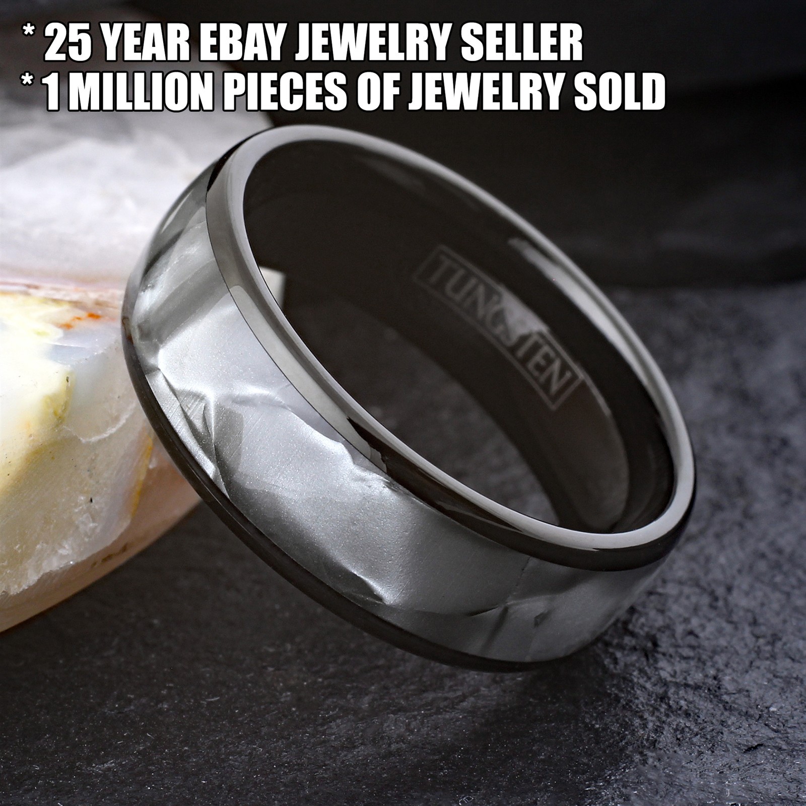 CLOSEOUT! Black Tungsten Carbide Men’s Faux White Shell Wedding Band Ring