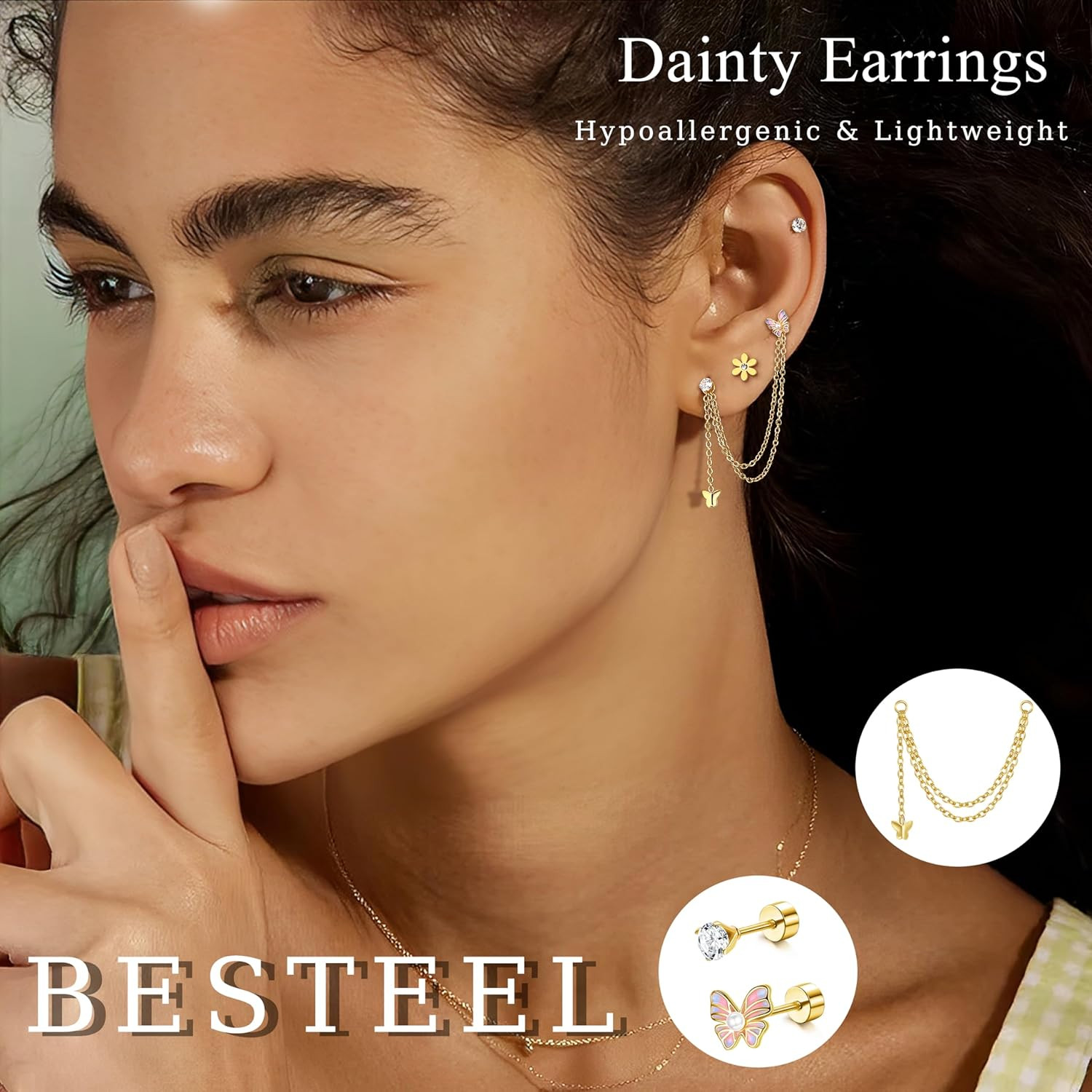 27Pcs Flat Back Earrings Hypoallergenic Surgical Steel Stud Earring Stacks Set D