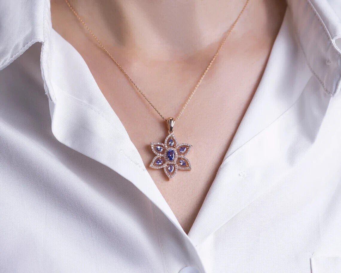 Oval Cut Simulated Tanzanite Gorgeous Flower Charm Pendant 14K Rose Gold Plated