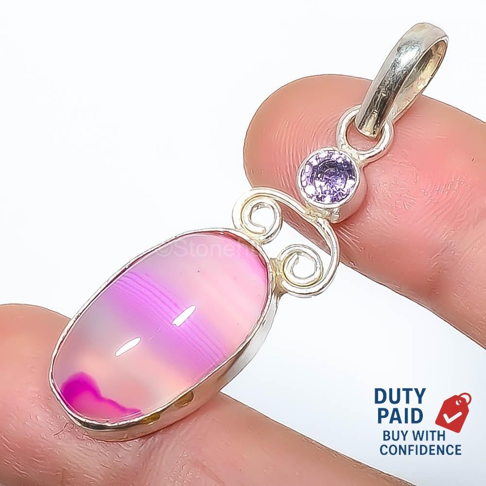 925 Silver Natural Agate Amethyst Birthday Channel Set Wedding Ethnic Pendant