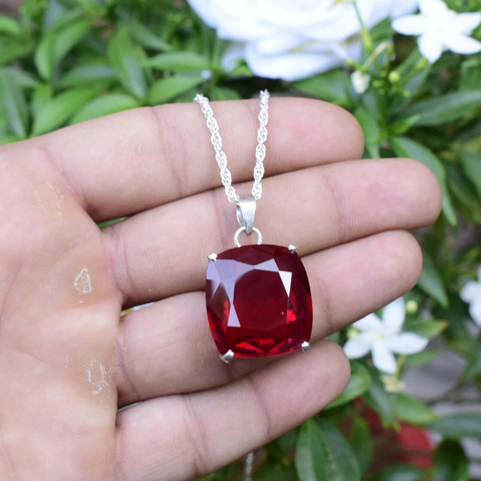 30 Ct Natural Red Ruby Pendant 925 Sterling Silver Cushion Cut Gemstone Jewelry