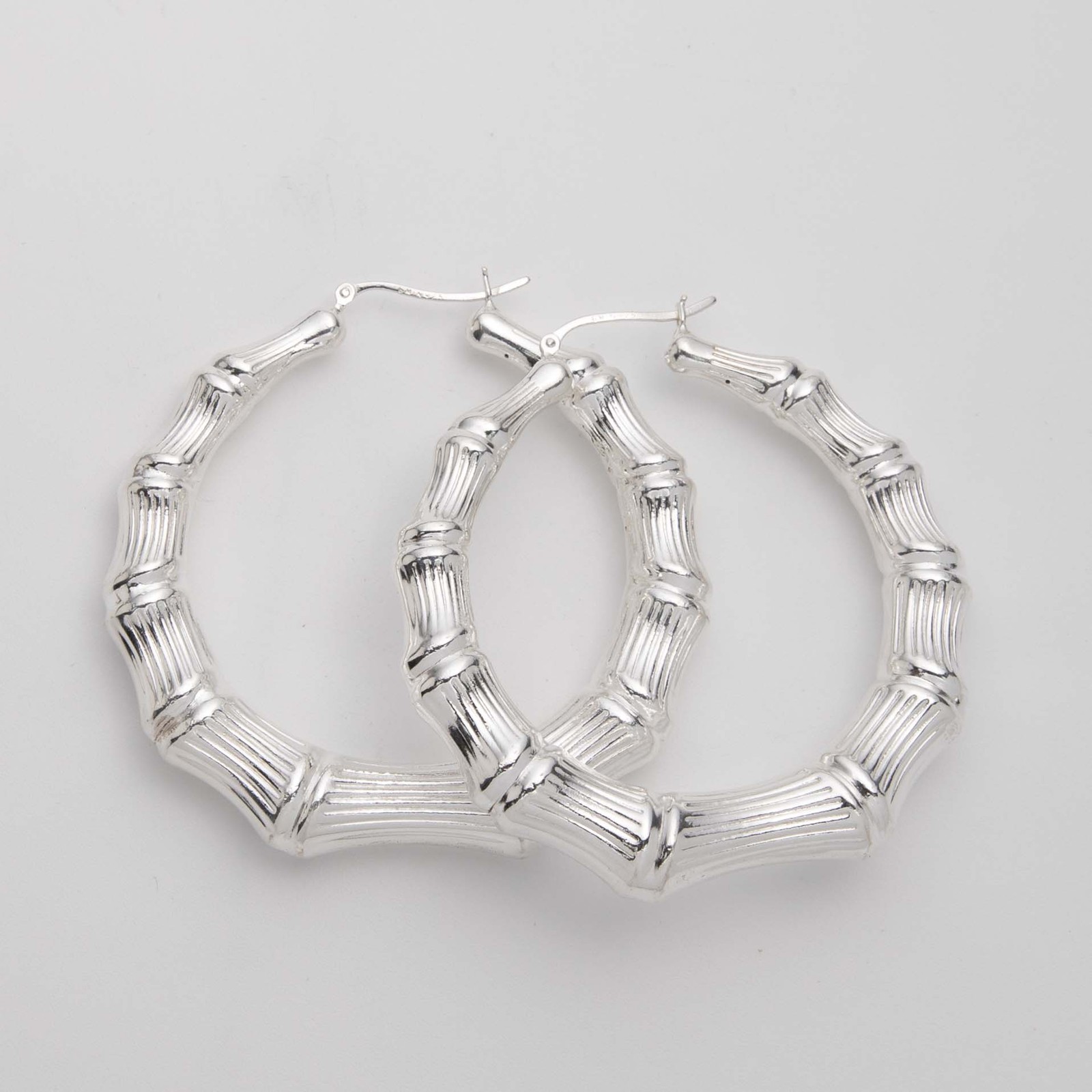Graduated Diamond-Cut Bamboo Hoop Earrings 925 Sterling Silver