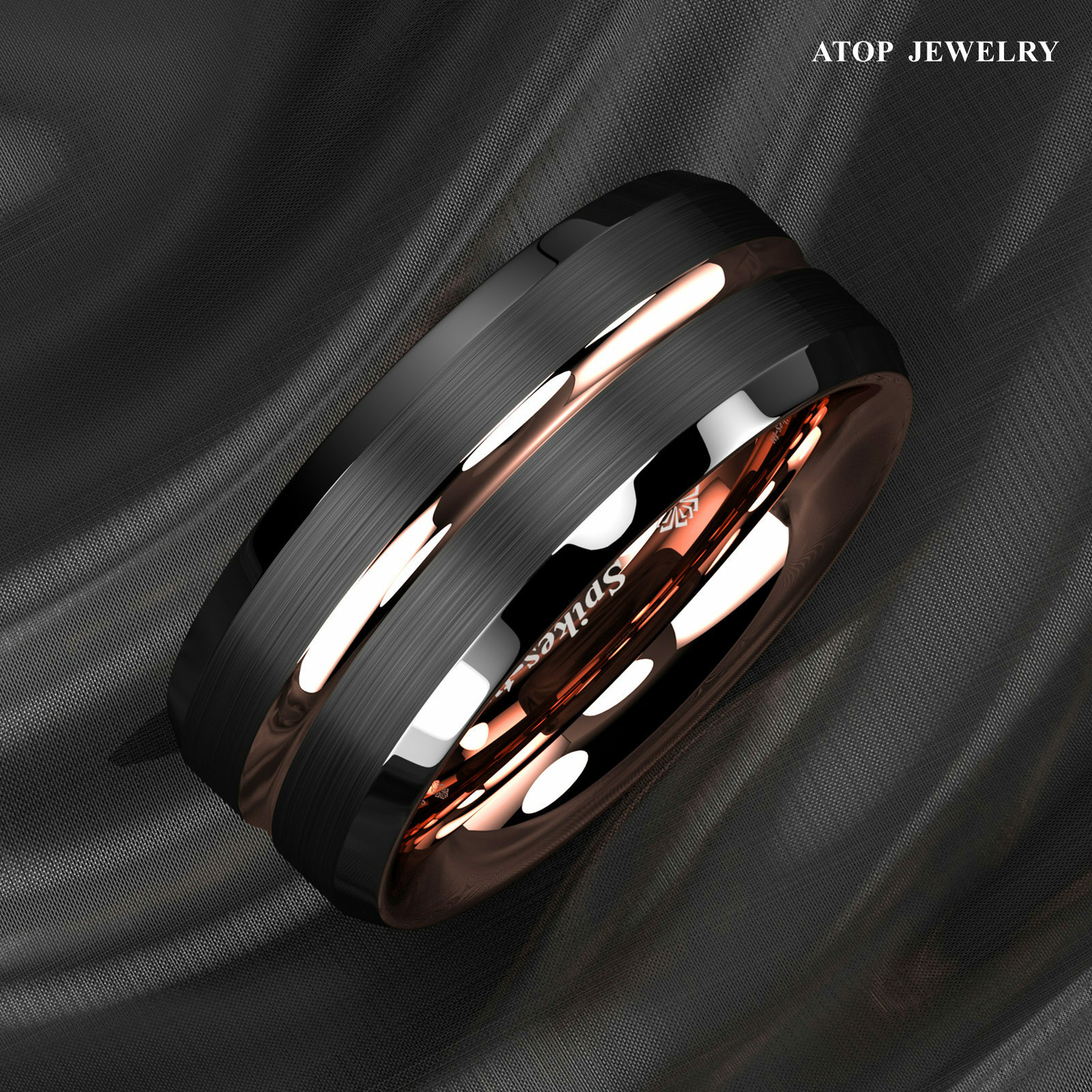 8mm Black Brushed Rose Gold Plated Metal Tungsten Ring ATOP Men Wedding Band